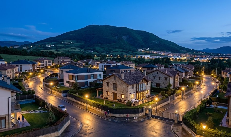 Vista paisajística de las casas de Berriosuso y el entorno del monte San Cristóbal (Ezkaba) en Navarra